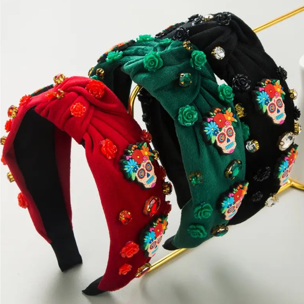 Black Sugar Skull Rhinestone Embellished Headband - Picture 2 of 4